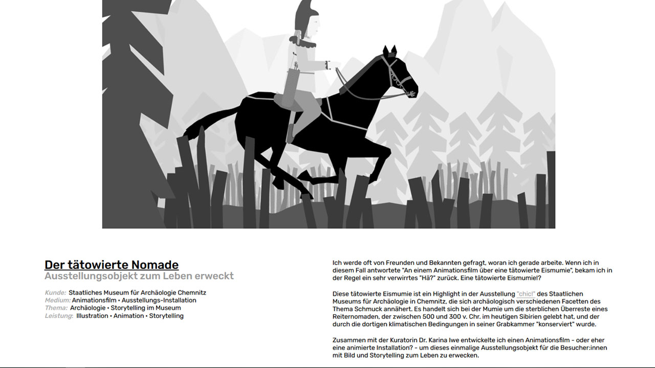 Das Bild zeigt einen Screenshot der Internetseite von Illustratorin Sarah Gorf-Roloff. Zu sehen sind ein Ausschnitt aus einer Animation mit Reiter im Wald und ein erklärender Text. und eine Skizze